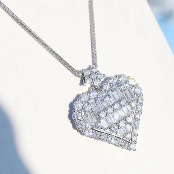 BAGUETTE STERLING SILVER DIAMOND HEART NECKLACE, NICE NECKLACE, CUTE NECKLACE - Picture 4 of 6